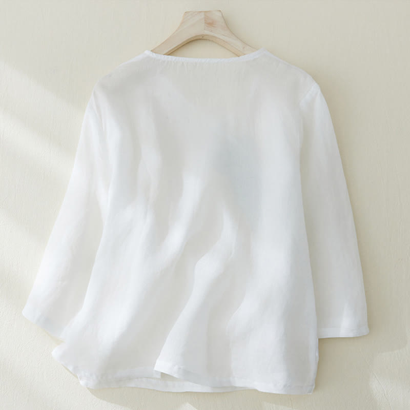 Camisa de lino y algodón con mangas tres cuartos y diseño de plantas bordadas para mujer con Buddha Stones - image 8