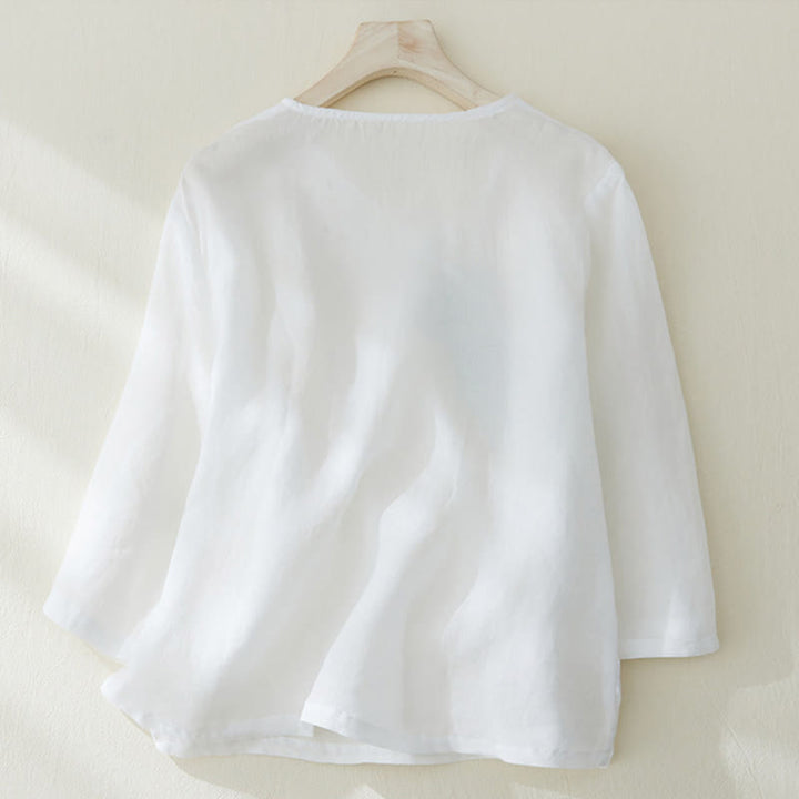 Camisa de lino y algodón con mangas tres cuartos y diseño de plantas bordadas para mujer con Buddha Stones - image 8