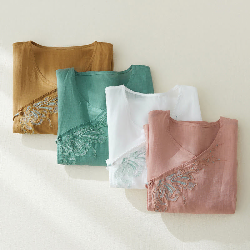 Camisa de lino y algodón con mangas tres cuartos y diseño de plantas bordadas para mujer con Buddha Stones - image 26