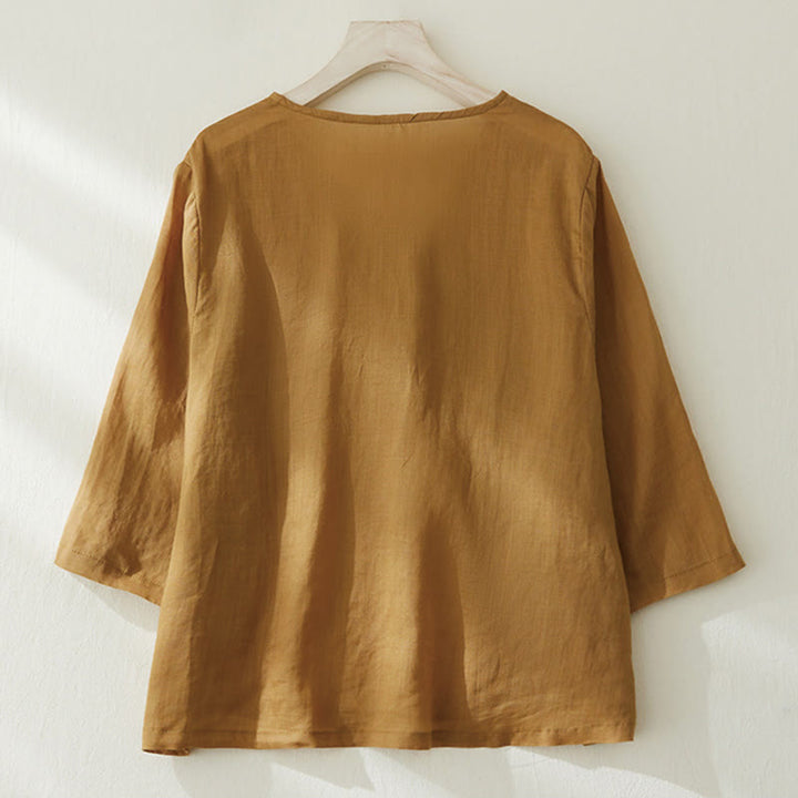 Camisa de lino y algodón con mangas tres cuartos y diseño de plantas bordadas para mujer con Buddha Stones - image 14