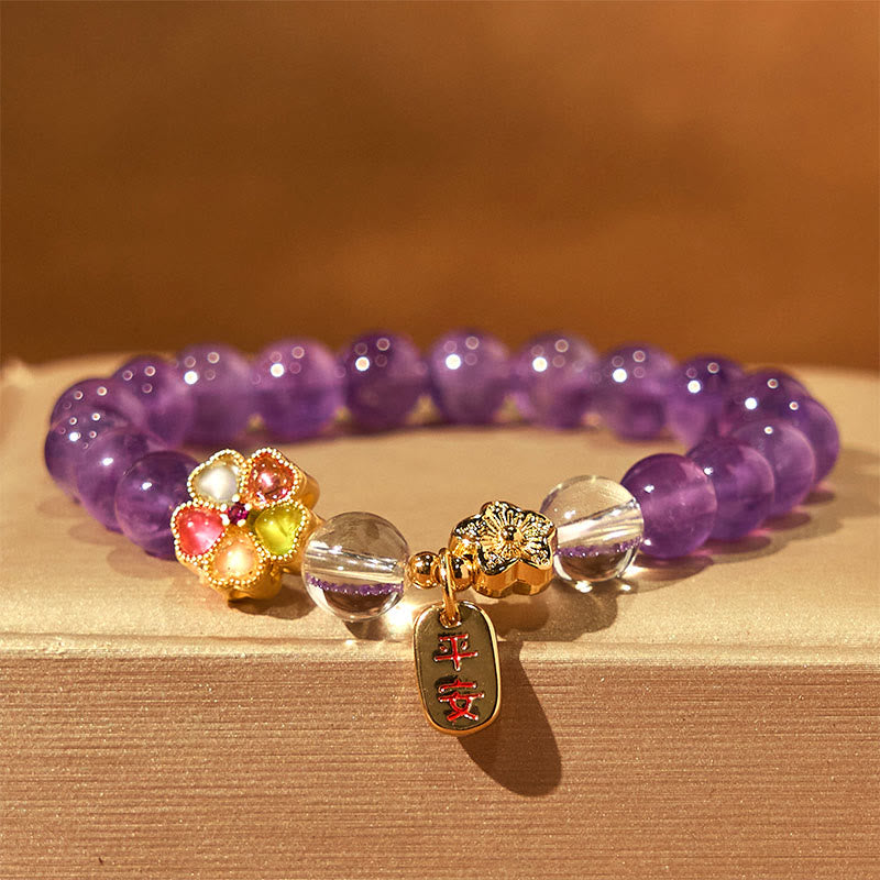 Pulsera con dijes de amatista natural y flor de cristal blanco con Buddha Stones para sanar y estar sano - Amatista (circunferencia de la muñeca: 14-17 cm) - image 0
