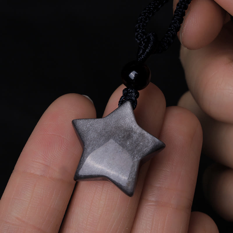 Colgante de collar de protección de luna creciente con estrella de obsidiana brillante de plata natural con Buddha Stones