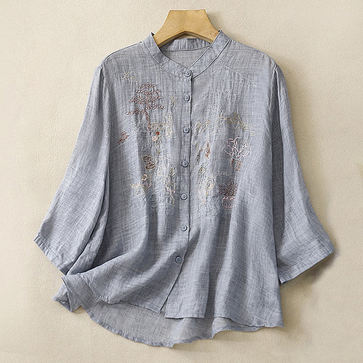 Camisa de lino y algodón para mujer con diseño informal de plantas bordadas y cuello alto, manga tres cuartos, con Buddha Stones - Azul claro - US8-10，UK/AU12-14，EU40-42 (2XL) - image 22