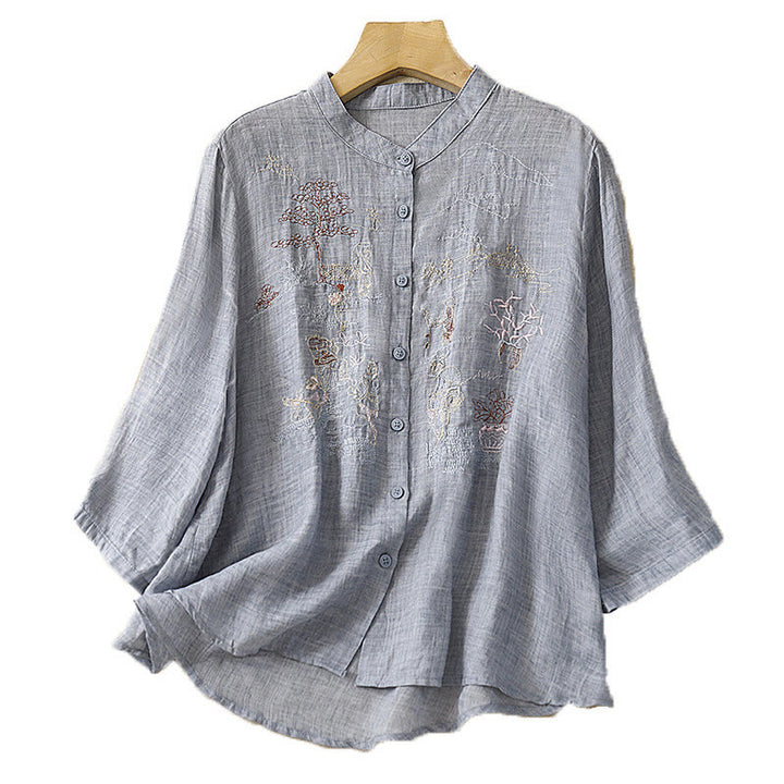 Camisa de lino y algodón para mujer con diseño informal de plantas bordadas y cuello alto, manga tres cuartos, con Buddha Stones - image 23