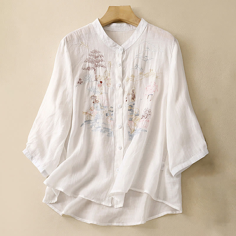 Camisa de lino y algodón para mujer con diseño informal de plantas bordadas y cuello alto, manga tres cuartos, con Buddha Stones - Blanco - US8-10，UK/AU12-14，EU40-42 (2XL) - image 6