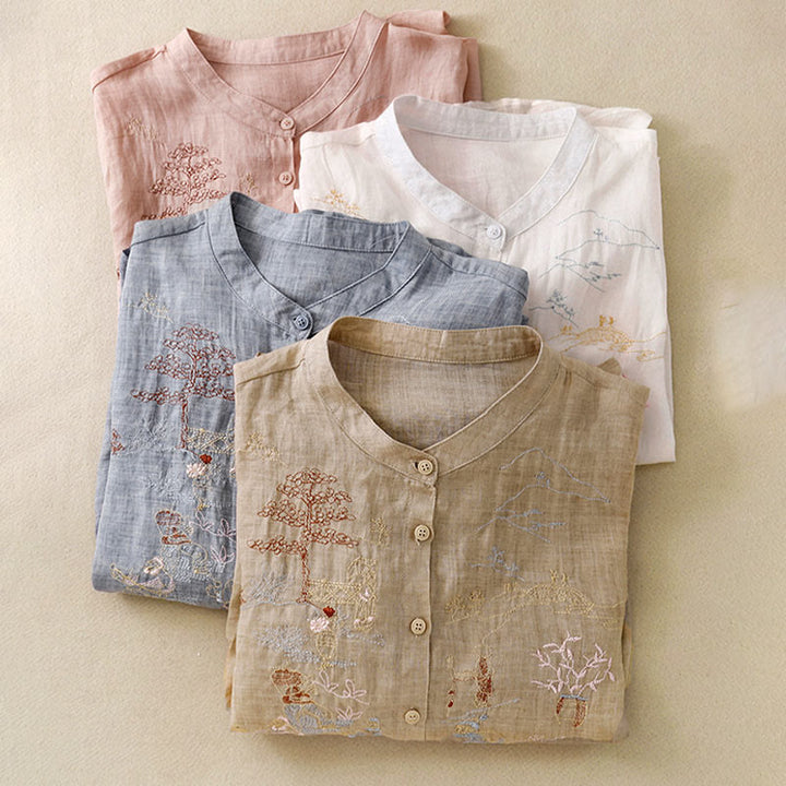 Camisa de lino y algodón para mujer con diseño informal de plantas bordadas y cuello alto, manga tres cuartos, con Buddha Stones - image 30