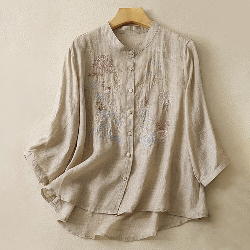 Camisa de lino y algodón para mujer con diseño informal de plantas bordadas y cuello alto, manga tres cuartos, con Buddha Stones - Broncearse - US8-10，UK/AU12-14，EU40-42 (2XL) - image 12