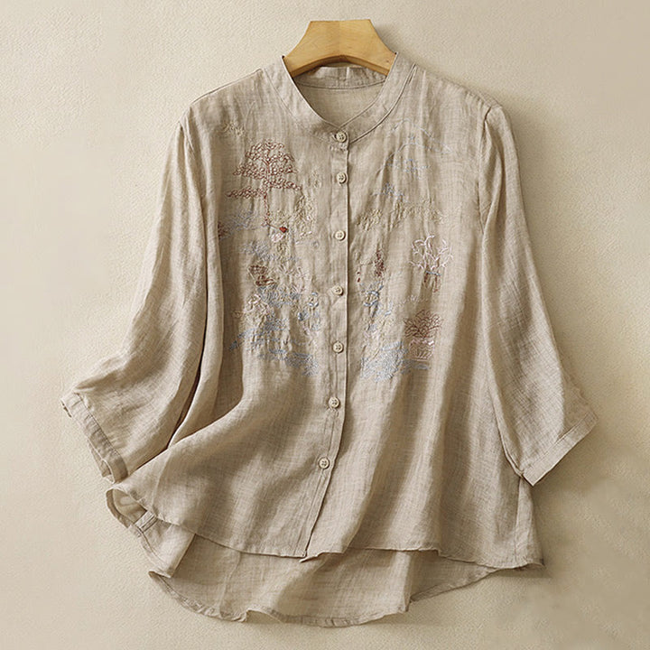 Camisa de lino y algodón para mujer con diseño informal de plantas bordadas y cuello alto, manga tres cuartos, con Buddha Stones - Broncearse - US8-10，UK/AU12-14，EU40-42 (2XL) - image 12