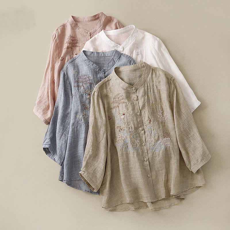 Camisa de lino y algodón para mujer con diseño informal de plantas bordadas y cuello alto, manga tres cuartos, con Buddha Stones - image 29