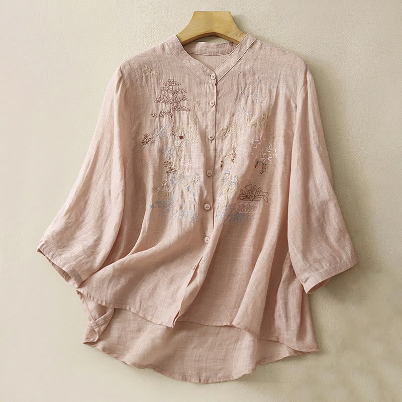 Camisa de lino y algodón para mujer con diseño informal de plantas bordadas y cuello alto, manga tres cuartos, con Buddha Stones - PeachPuff - US8-10，UK/AU12-14，EU40-42 (2XL) - image 0