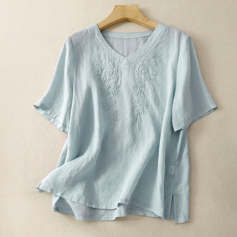 Camisa informal de manga corta con cuello en V y diseño floral bordado con Buddha Stones para mujer. - Azul claro - US8-10，UK/AU12-14，EU40-42 (2XL) - image 21