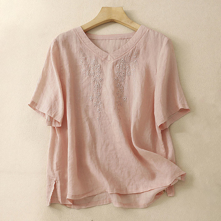 Camisa de lino y algodón de media manga holgada con diseño de escote en V y flores bordadas para mujer con Buddha Stones - Salmón oscuro - US8-10，UK/AU12-14，EU40-42 (2XL) - image 0