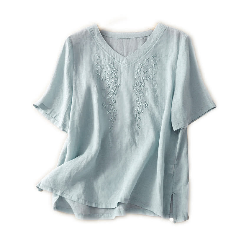 Camisa informal de manga corta con cuello en V y diseño floral bordado con Buddha Stones para mujer. - image 22