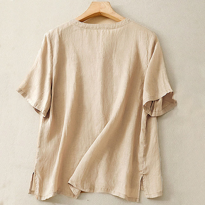 Camisa informal de manga corta con cuello en V y diseño floral bordado con Buddha Stones para mujer. - image 13