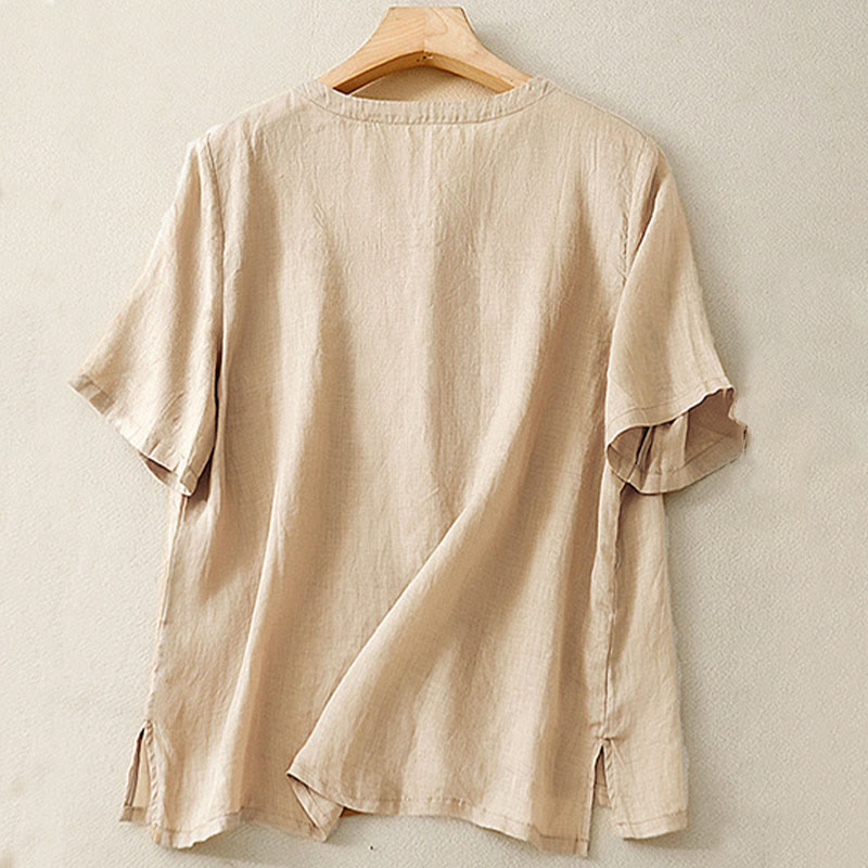 Camisa de lino y algodón de media manga holgada con diseño de escote en V y flores bordadas para mujer con Buddha Stones - image 13