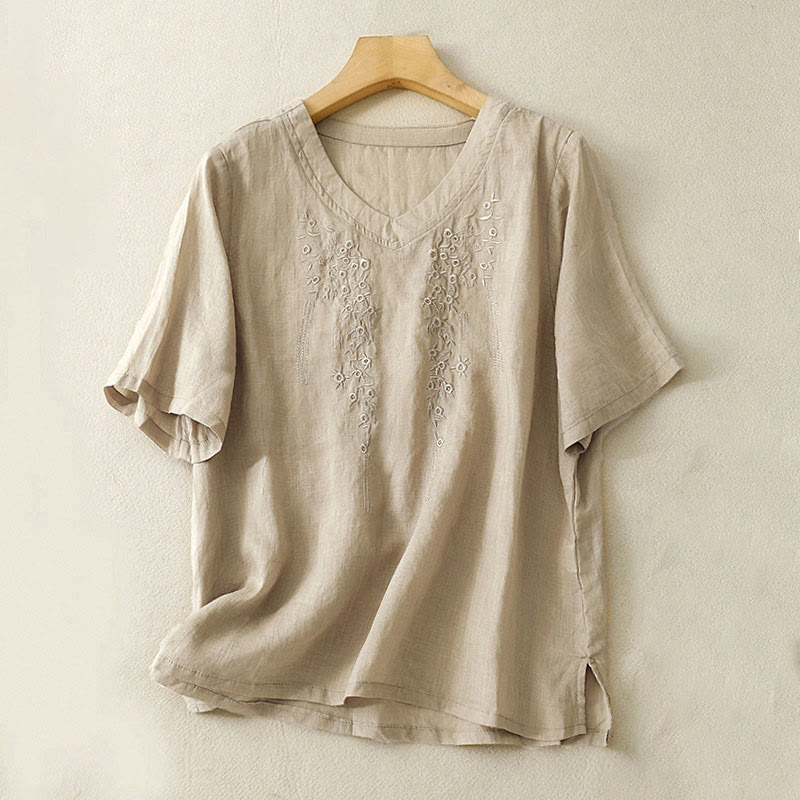 Camisa informal de manga corta con cuello en V y diseño floral bordado con Buddha Stones para mujer. - Broncearse - US8-10，UK/AU12-14，EU40-42 (2XL) - image 12