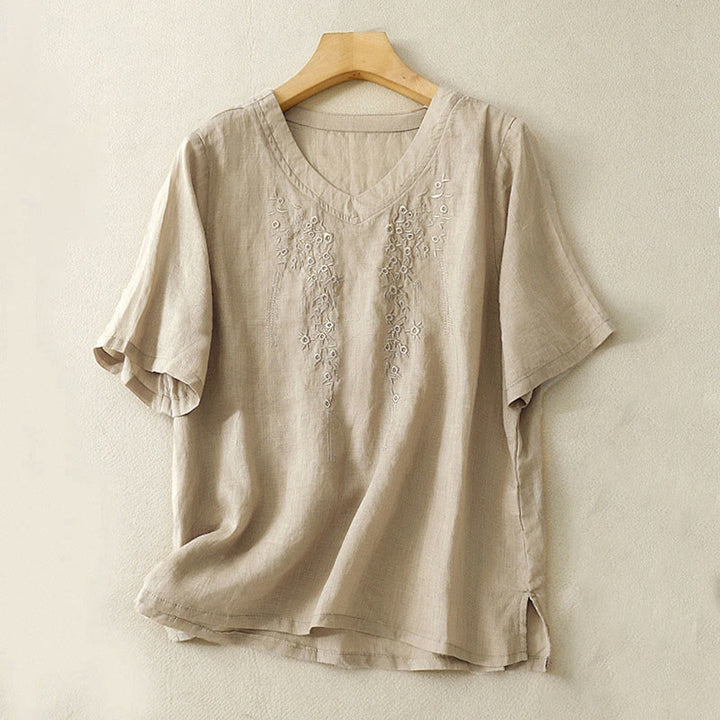 Camisa informal de manga corta con cuello en V y diseño floral bordado con Buddha Stones para mujer. - Broncearse - US8-10，UK/AU12-14，EU40-42 (2XL) - image 12