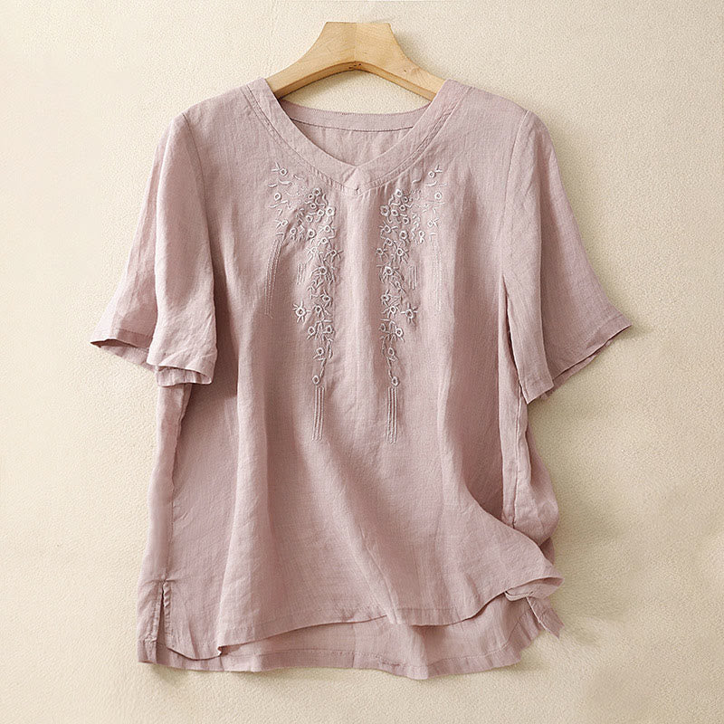 Camisa de lino y algodón de media manga holgada con diseño de escote en V y flores bordadas para mujer con Buddha Stones - Cardo - US8-10，UK/AU12-14，EU40-42 (2XL) - image 6