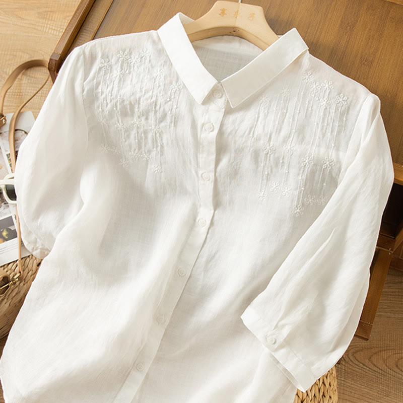Camisa casual de manga corta con cuello alto y bordado de Buddha Stones para mujer. - image 6