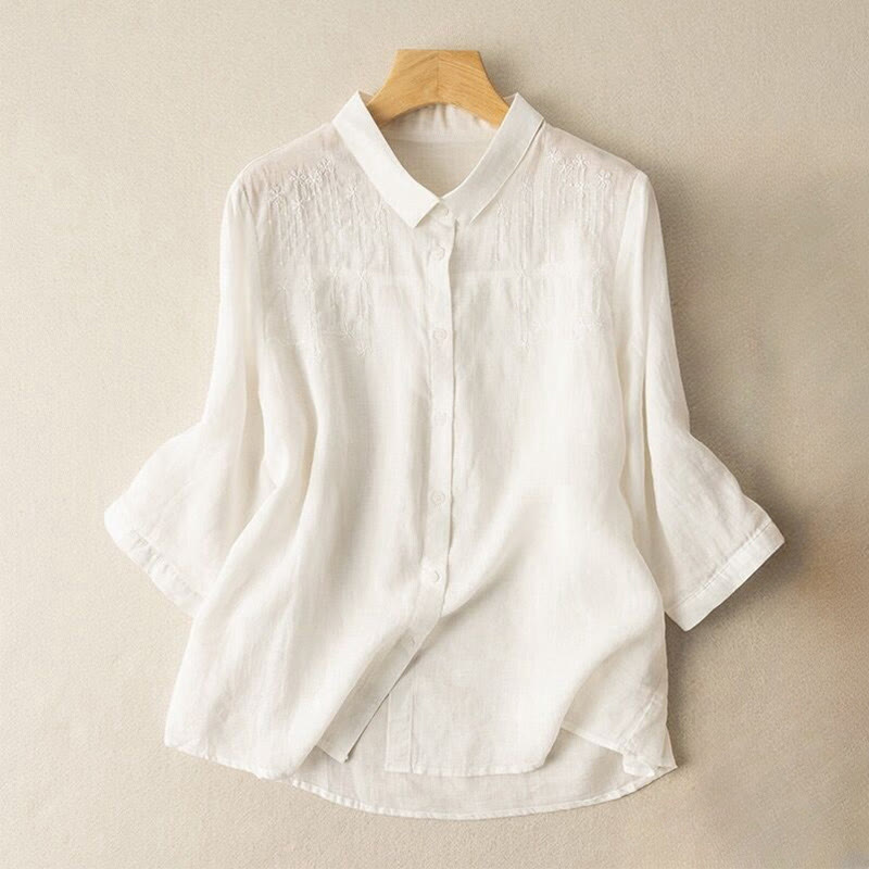 Camisa de lino y algodón con cuello alto y media manga para mujer, informal, con bordado de Buddha Stones - Blanco - US8-10，UK/AU12-14，EU40-42 (2XL) - image 5