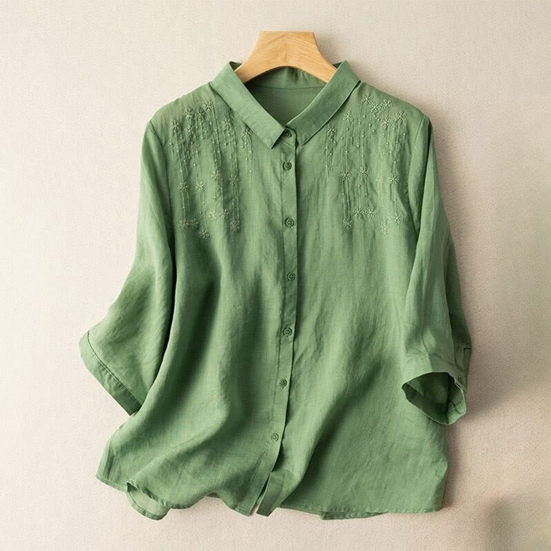 Camisa de lino y algodón con cuello alto y media manga para mujer, informal, con bordado de Buddha Stones - Verde mar medio - US8-10，UK/AU12-14，EU40-42 (2XL) - image 0