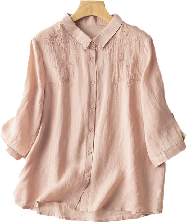 Camisa casual de manga corta con cuello alto y bordado de Buddha Stones para mujer. - image 15