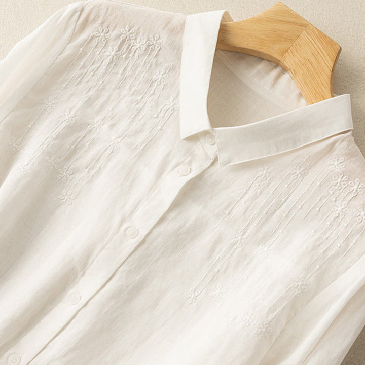 Camisa de lino y algodón con cuello alto y media manga para mujer, informal, con bordado de Buddha Stones - image 7