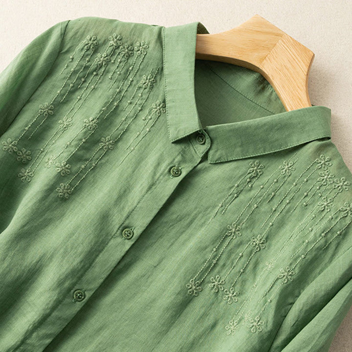 Camisa de lino y algodón con cuello alto y media manga para mujer, informal, con bordado de Buddha Stones - image 3