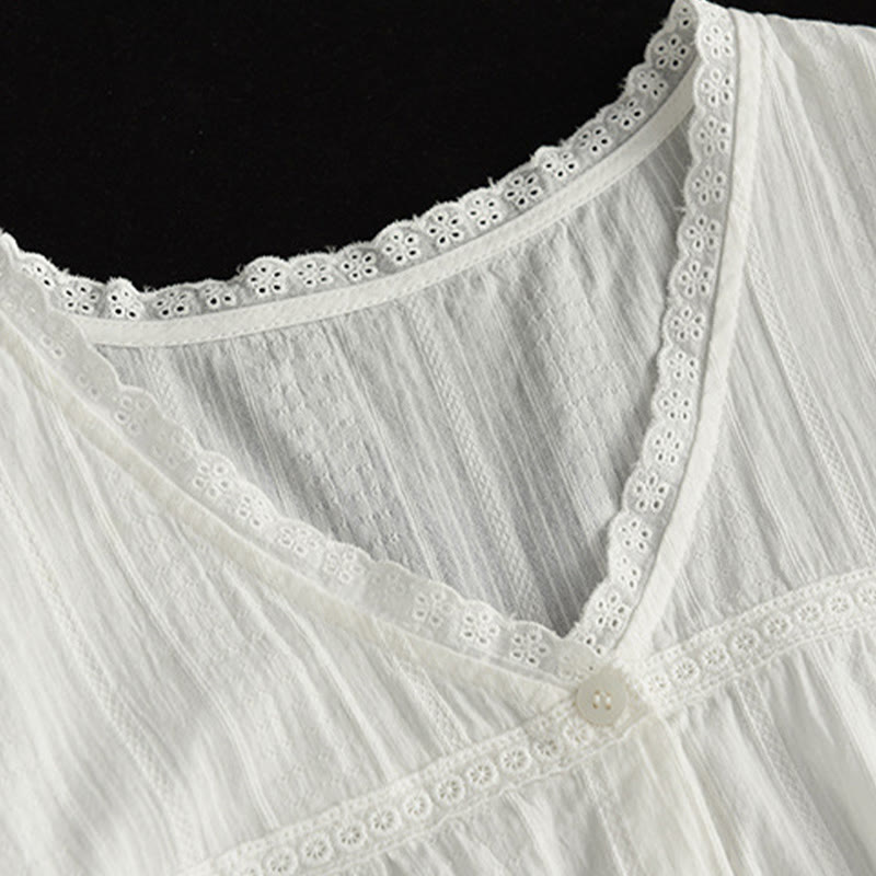 Camisa de algodón de media manga con escote en V y encaje blanco puro para mujer de Buddha Stones - image 6