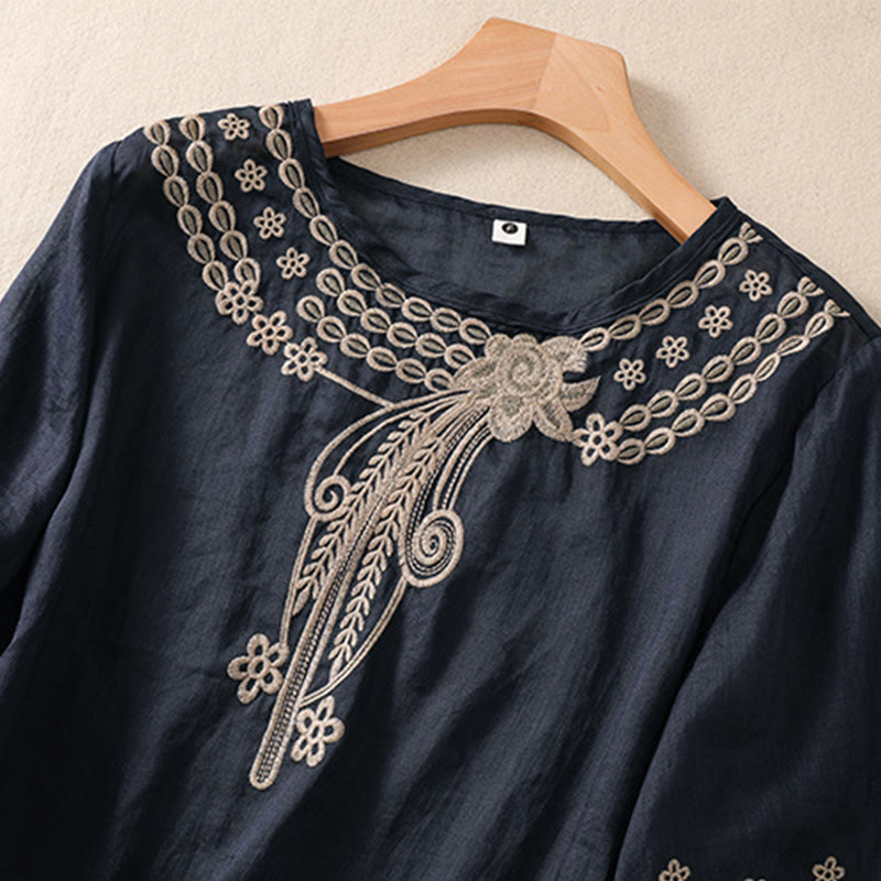 Camisa de lino y algodón de media manga con diseño hueco y cuello redondo para mujer de Buddha Stones - image 9