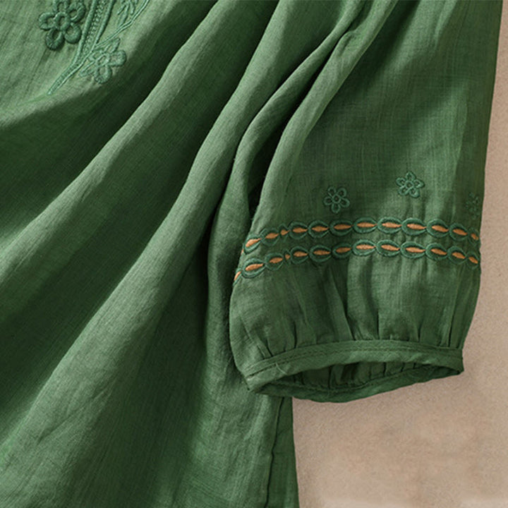 Camisa de lino y algodón de media manga con diseño hueco y cuello redondo para mujer de Buddha Stones - image 22