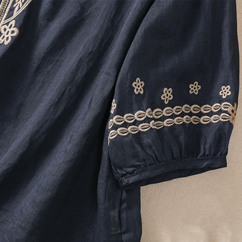 Camisa de lino y algodón de media manga con diseño hueco y cuello redondo para mujer de Buddha Stones - image 13