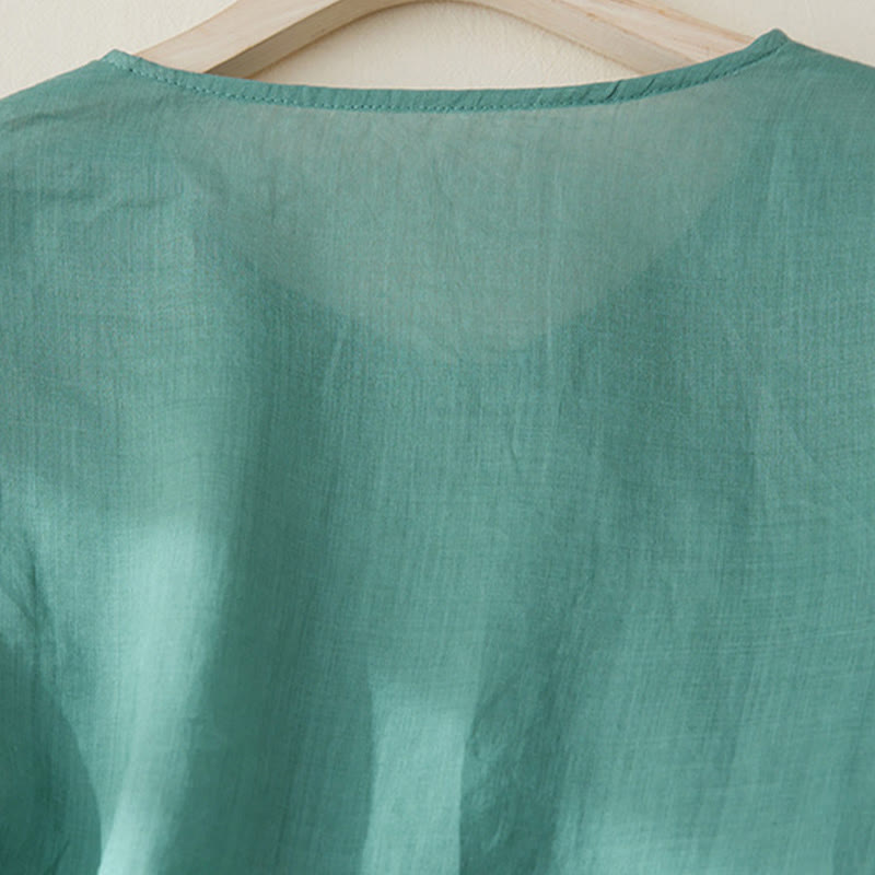 Camisa casual de manga tres cuartos para mujer con bordado de plantas y diseño de Buddha Stones. - image 23