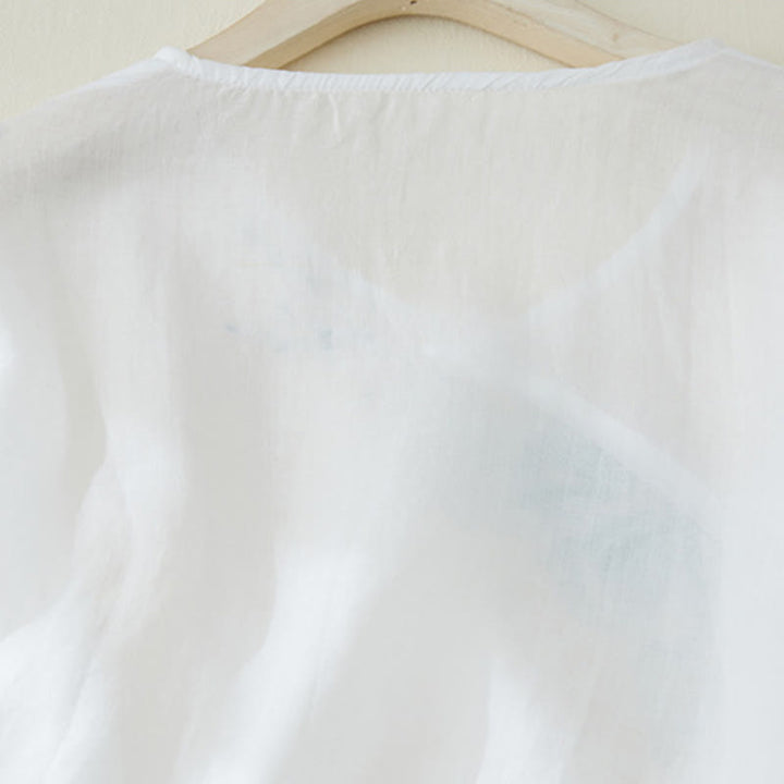 Camisa casual de manga tres cuartos para mujer con bordado de plantas y diseño de Buddha Stones. - image 10
