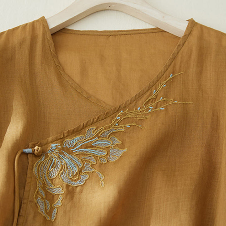 Camisa de lino y algodón con mangas tres cuartos y diseño de plantas bordadas para mujer con Buddha Stones - image 15