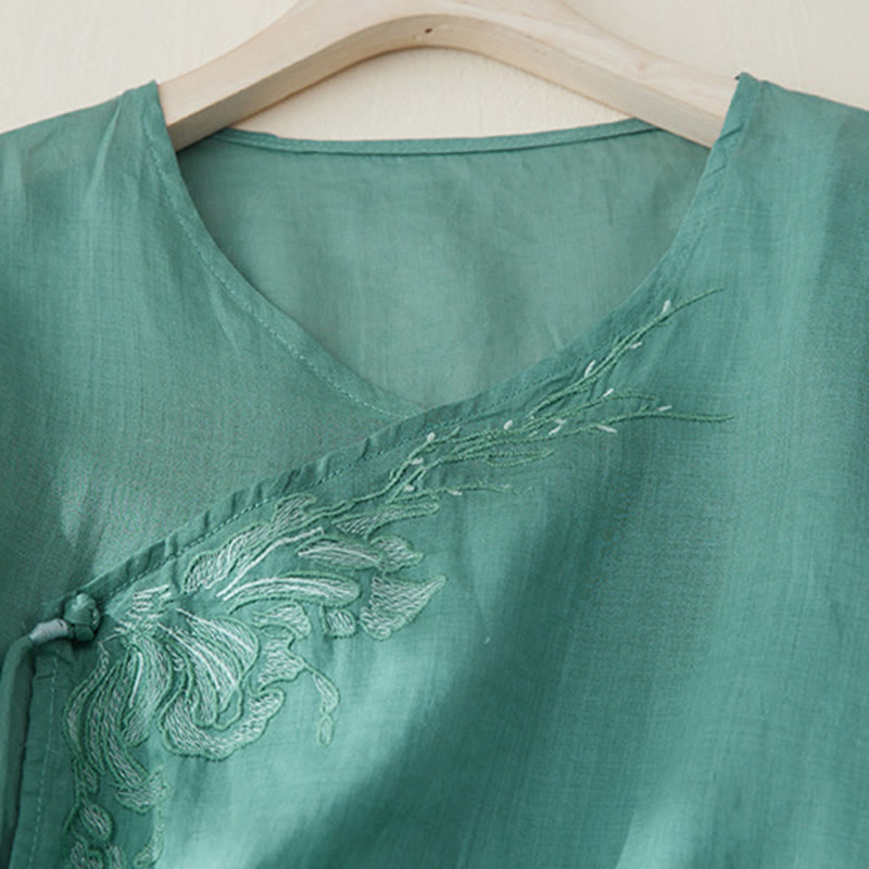 Camisa de lino y algodón con mangas tres cuartos y diseño de plantas bordadas para mujer con Buddha Stones - image 22