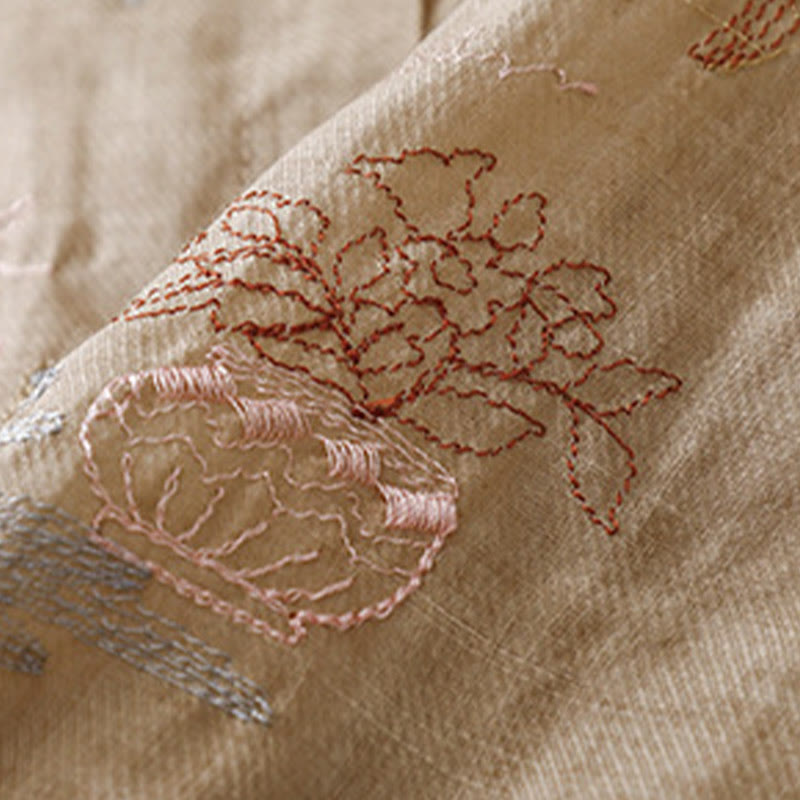 Camisa de lino y algodón para mujer con diseño informal de plantas bordadas y cuello alto, manga tres cuartos, con Buddha Stones - image 17