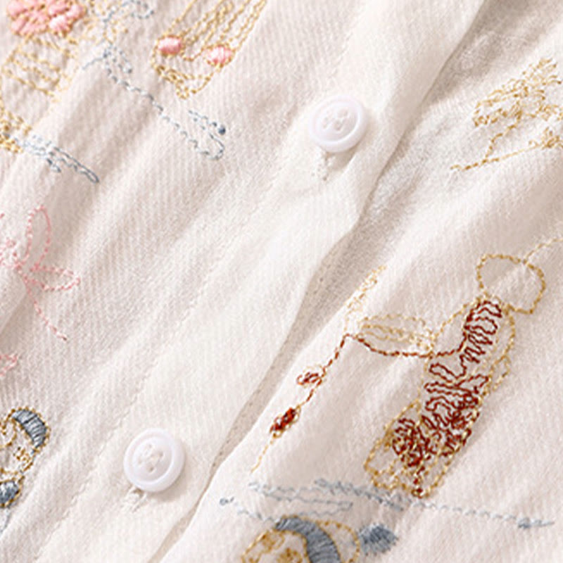 Camisa de lino y algodón para mujer con diseño informal de plantas bordadas y cuello alto, manga tres cuartos, con Buddha Stones - image 9