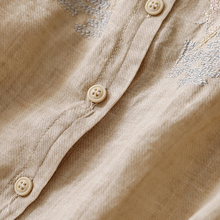 Camisa de lino y algodón para mujer con diseño informal de plantas bordadas y cuello alto, manga tres cuartos, con Buddha Stones - image 15