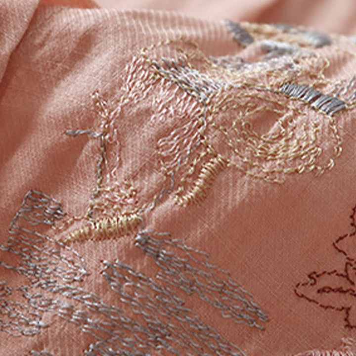 Camisa de lino y algodón para mujer con diseño informal de plantas bordadas y cuello alto, manga tres cuartos, con Buddha Stones - image 3