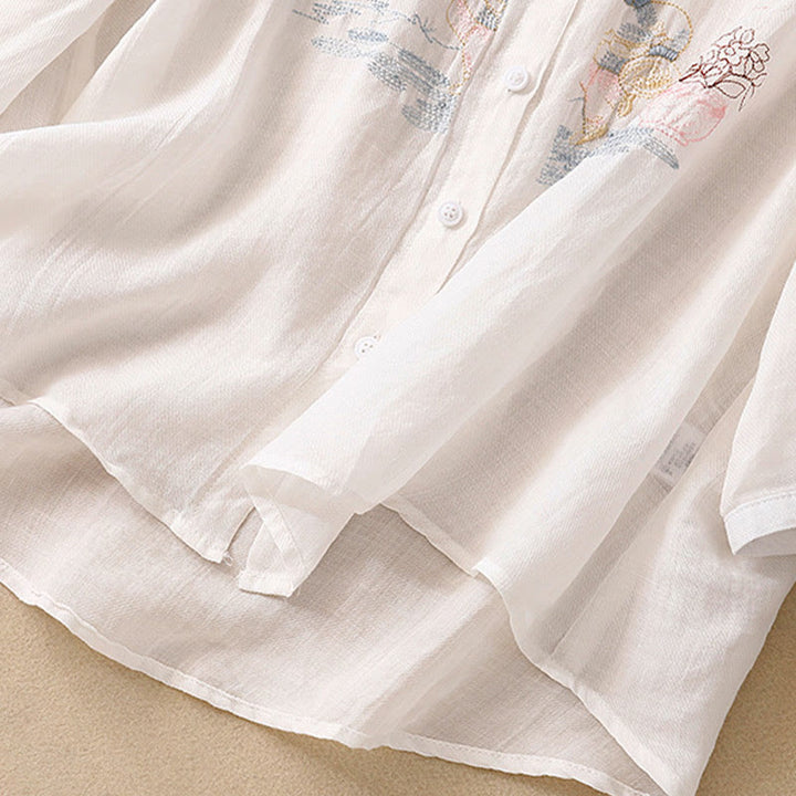 Camisa de lino y algodón para mujer con diseño informal de plantas bordadas y cuello alto, manga tres cuartos, con Buddha Stones - image 10