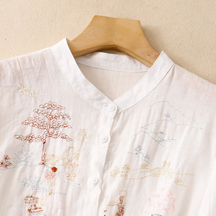 Camisa de lino y algodón para mujer con diseño informal de plantas bordadas y cuello alto, manga tres cuartos, con Buddha Stones - image 7