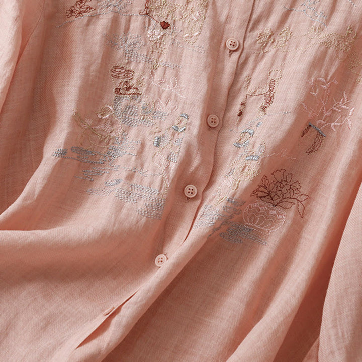 Camisa de lino y algodón para mujer con diseño informal de plantas bordadas y cuello alto, manga tres cuartos, con Buddha Stones - image 2