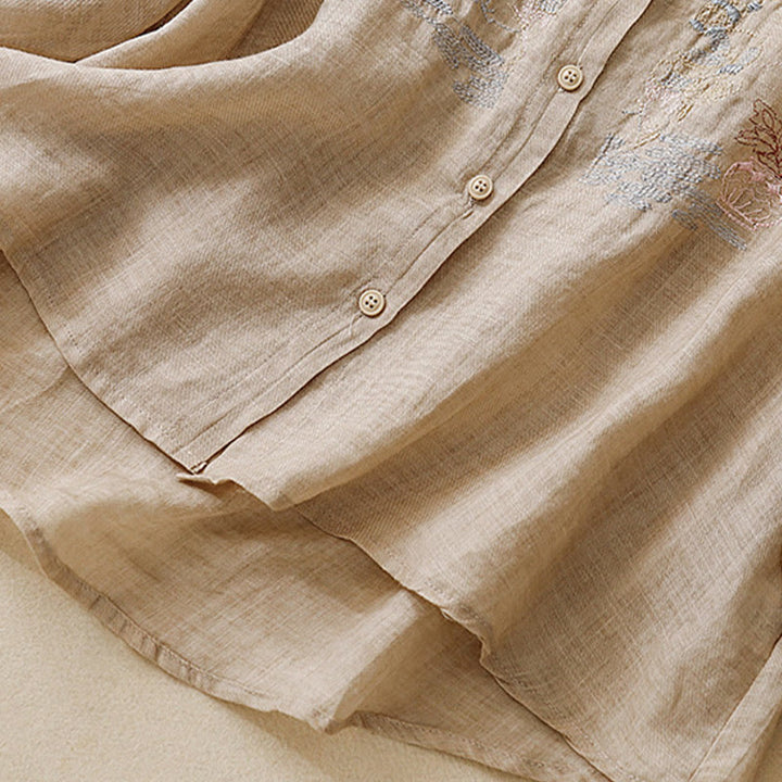 Camisa de lino y algodón para mujer con diseño informal de plantas bordadas y cuello alto, manga tres cuartos, con Buddha Stones - image 16