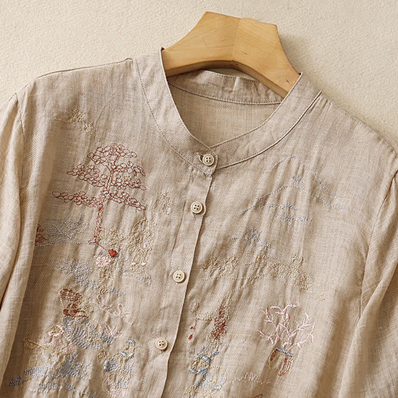 Camisa de lino y algodón para mujer con diseño informal de plantas bordadas y cuello alto, manga tres cuartos, con Buddha Stones - image 14