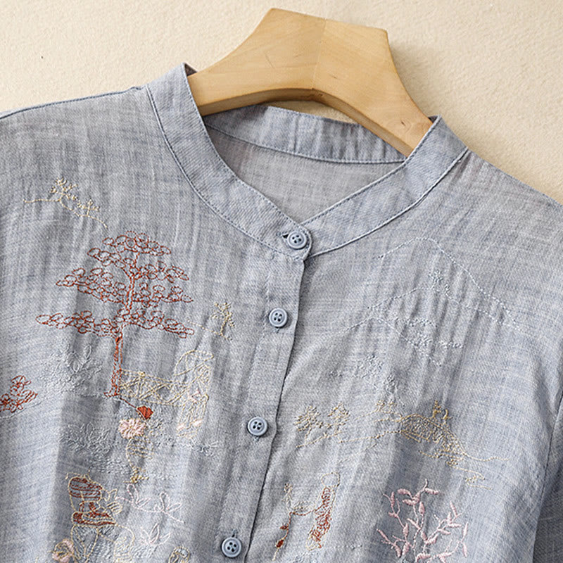 Camisa de lino y algodón para mujer con diseño informal de plantas bordadas y cuello alto, manga tres cuartos, con Buddha Stones - image 24