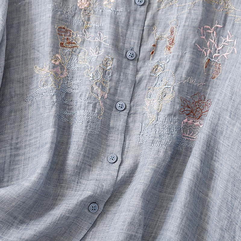 Camisa de lino y algodón para mujer con diseño informal de plantas bordadas y cuello alto, manga tres cuartos, con Buddha Stones - image 27