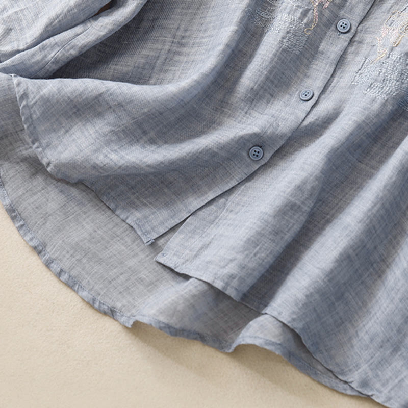 Camisa de lino y algodón para mujer con diseño informal de plantas bordadas y cuello alto, manga tres cuartos, con Buddha Stones - image 26