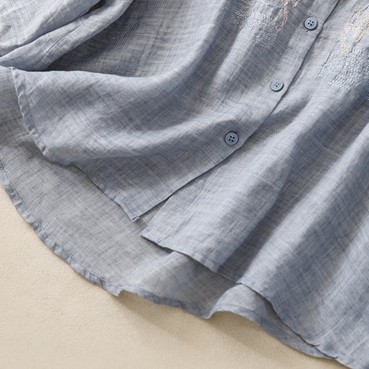 Camisa de lino y algodón para mujer con diseño informal de plantas bordadas y cuello alto, manga tres cuartos, con Buddha Stones - image 26