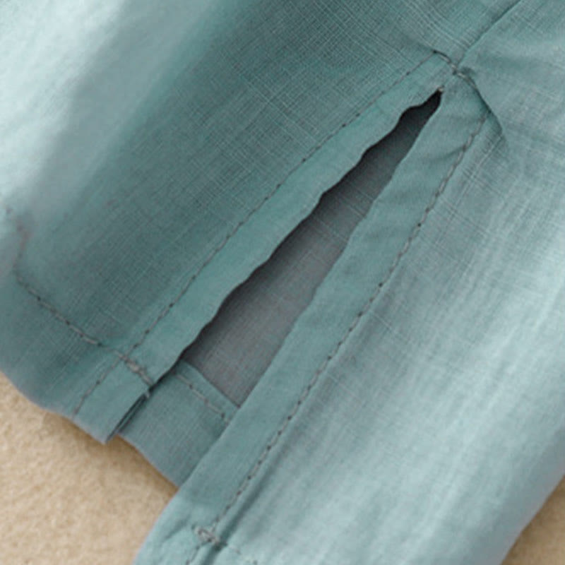 Camisa de lino y algodón de media manga holgada con diseño de escote en V y flores bordadas para mujer con Buddha Stones - image 27